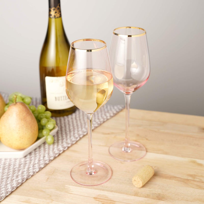 Twine Rose White Wine Glasses, Gold Rimmed Pink Tinted Crystal Wine Glass Set, Stemmed Wine Glasses, Set of 2, 14 Ounces - Image 4